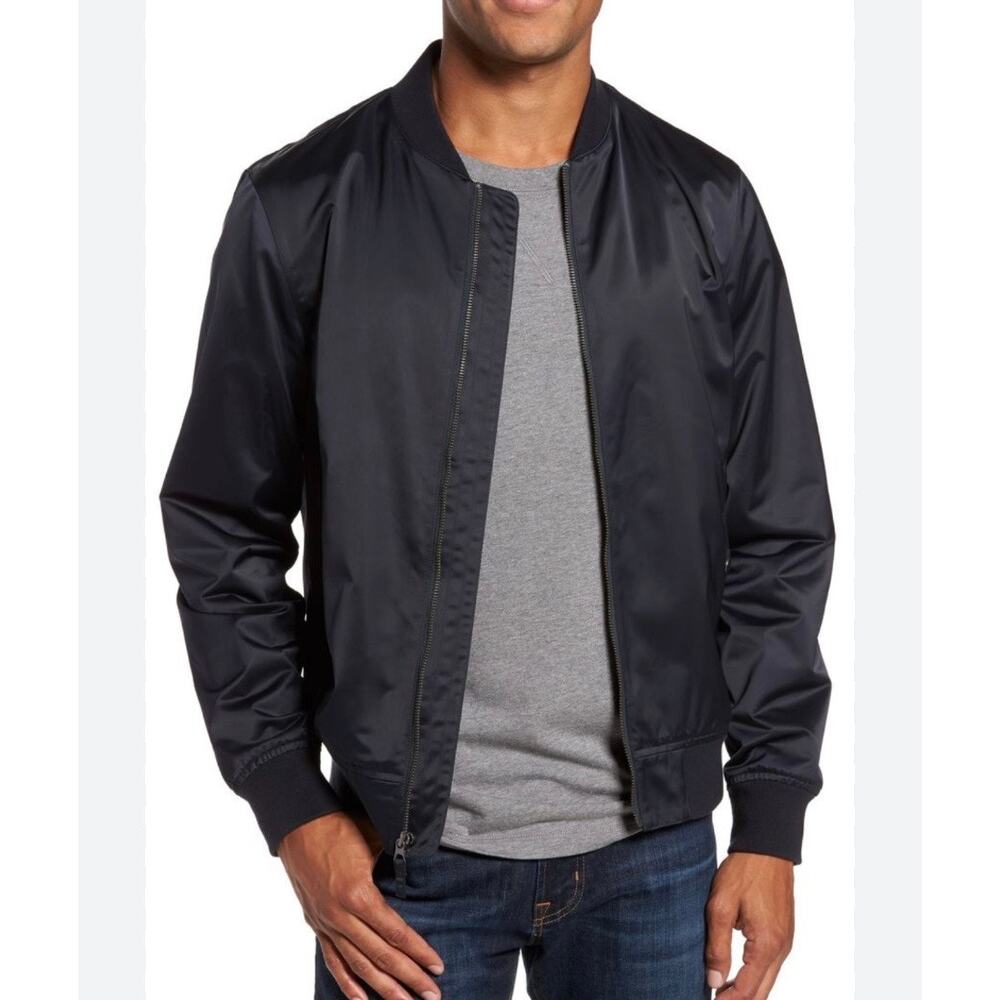 Bonobos Mens Full Zip Bomber Jacket Standard Fit Black Satin Size L Black
